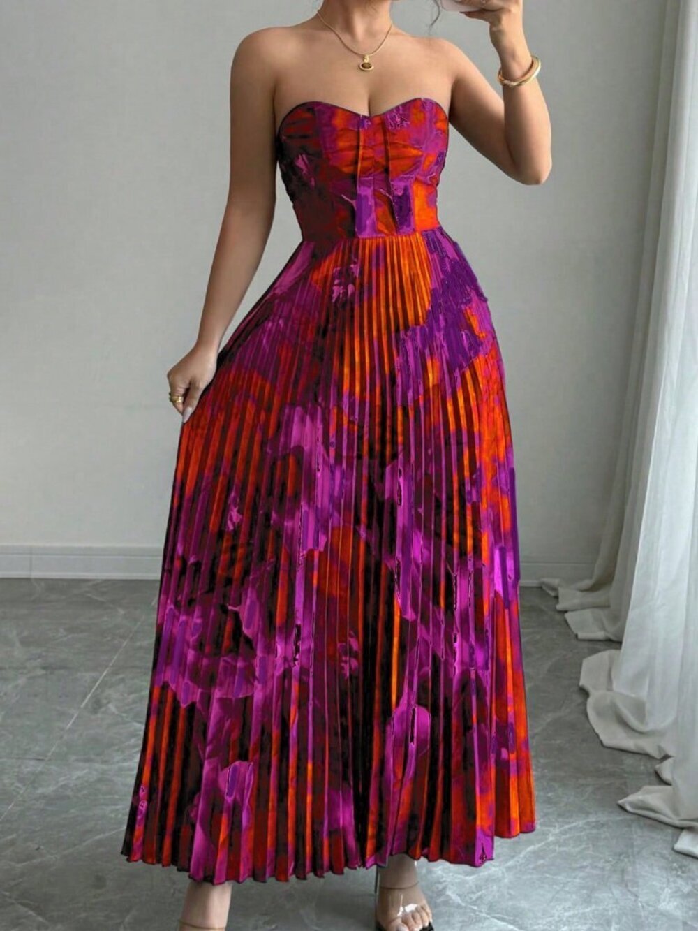Purple Casual Women's Bandeau Waist-Cinched Pleated Full Print Dress